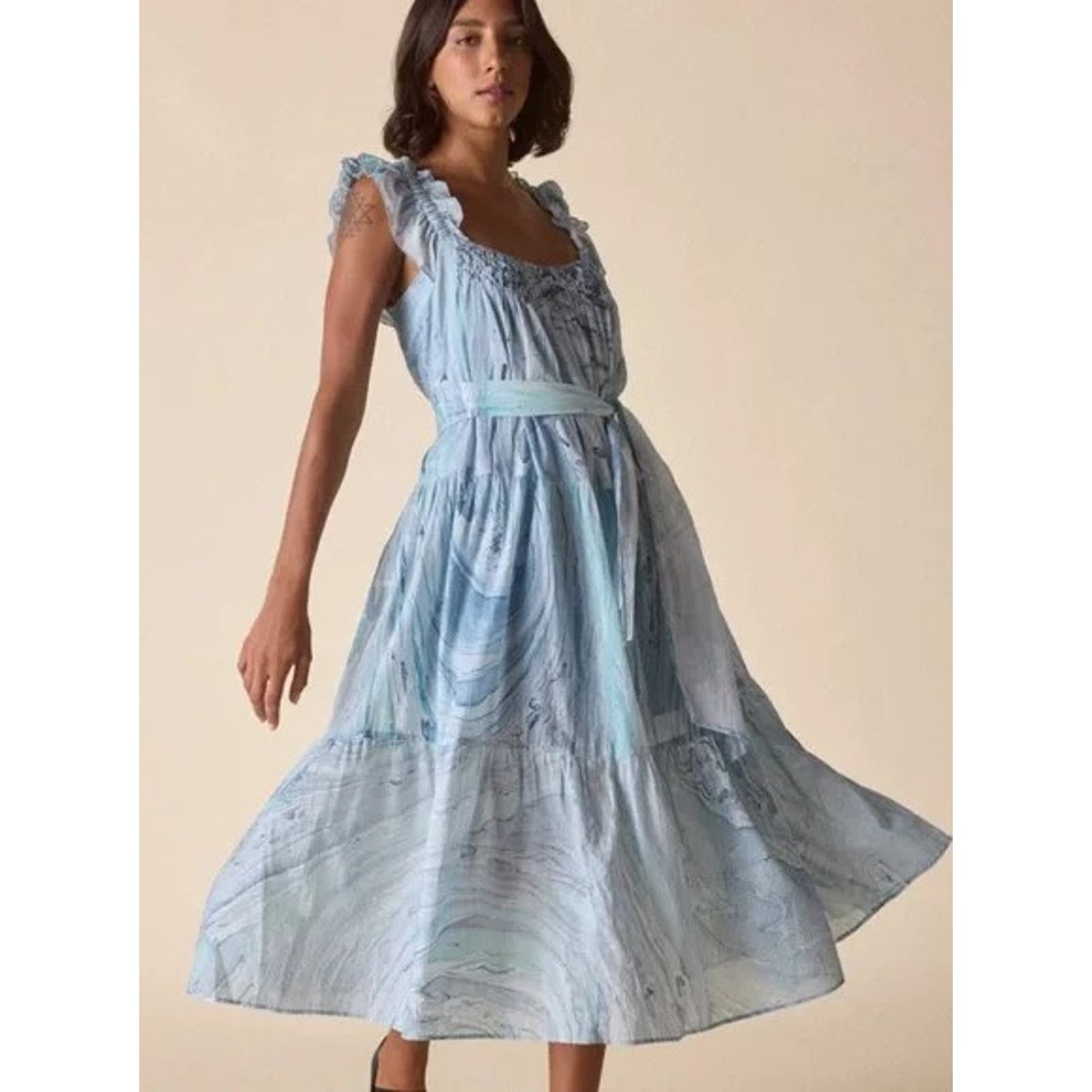 St. Roche Nwt Rowena Midi Dress Blue Marble Ruffle Neck Size 4 Msrp $360